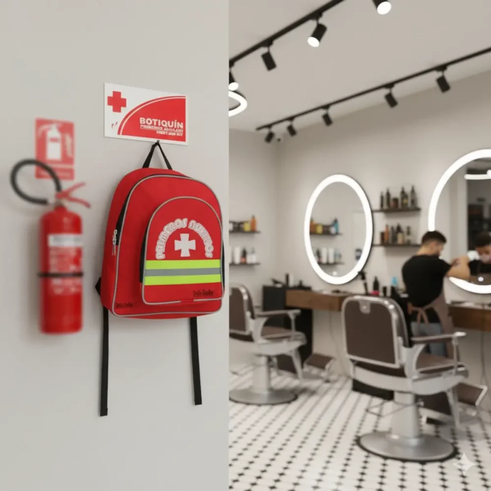 botiquin tipo morral de primeros auxilios instalado en una barberia junta a un extintor con dotacion reglamentaria marca dota center