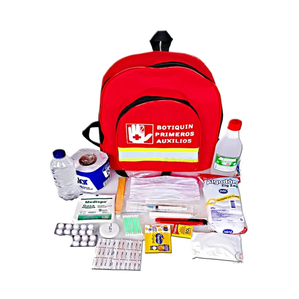 Botiquin de primeros auxilios tipo Morral portatil con dotacion grande para empresas y comercios.