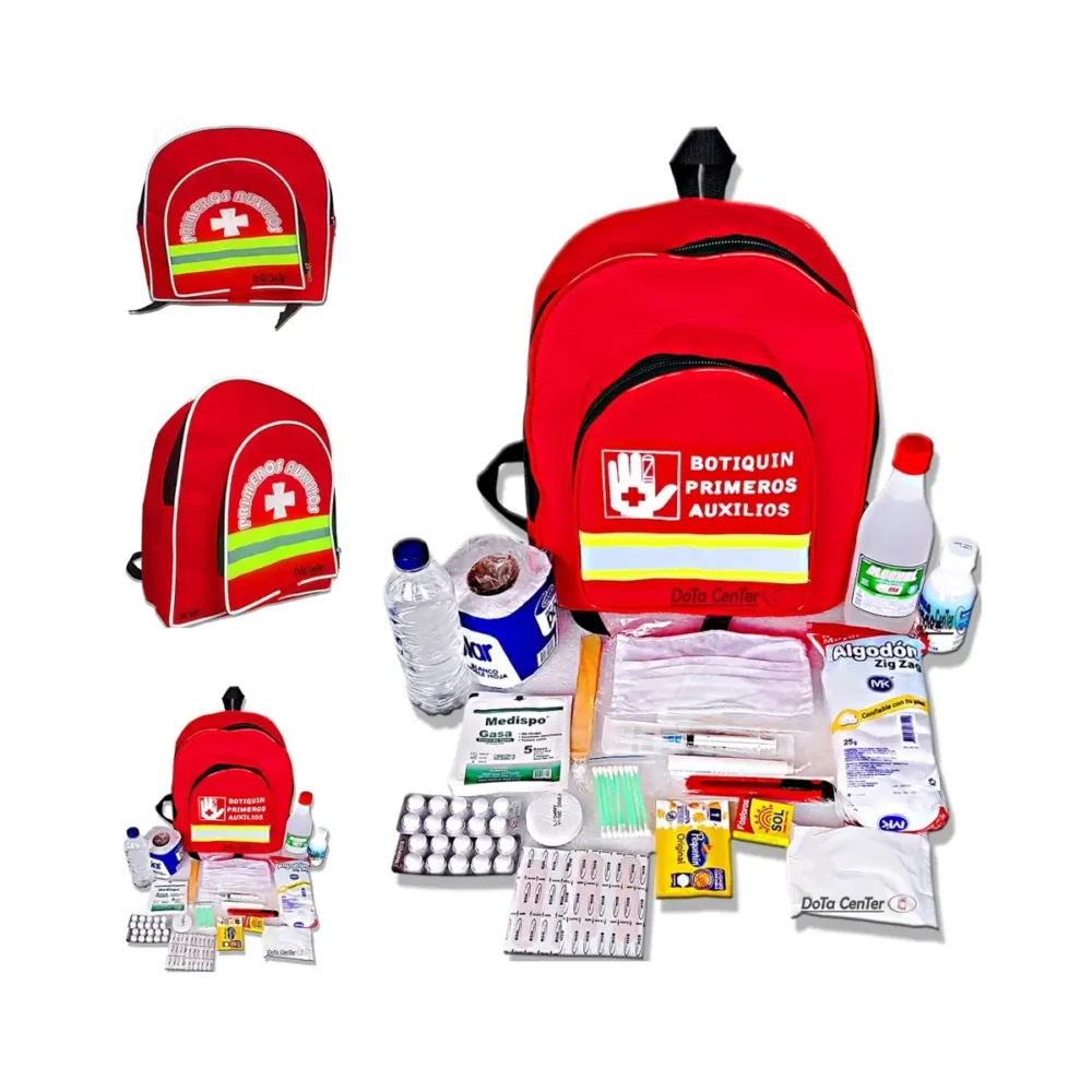 Botiquín tipo morral grande portátil de primeros auxilios con dotación completa para locales , oficinas y comercios.