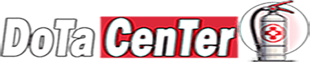 Logo de DoTa Center con extintor y fondo rojo