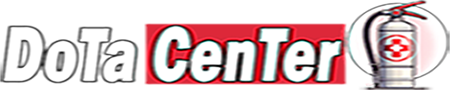 Logo de DoTa Center con extintor y fondo rojo