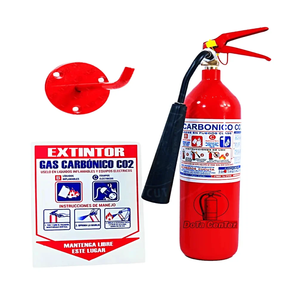 extintor co2 de 5 libras con señal de extintor y soporte reglamentario