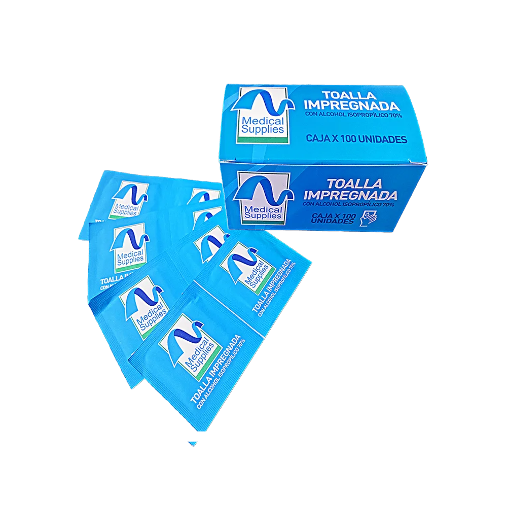 Caja de toallitas individuales con alcohol isopropílico al 70% para desinfección x 100 unidades - Dota Center
