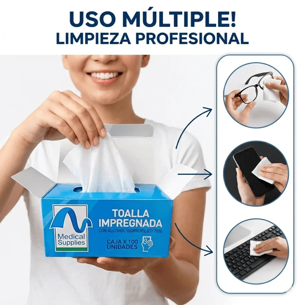Pañitos húmedos de alcohol isopropílico al 70% ideales para limpieza de celulares y equipos médicos - Dota Center